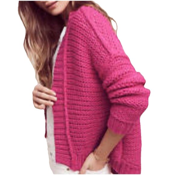Anthropologie Moth Medium Pink Cardigan Open Front Chunky Knit Girly Bright - Picture 1 of 10